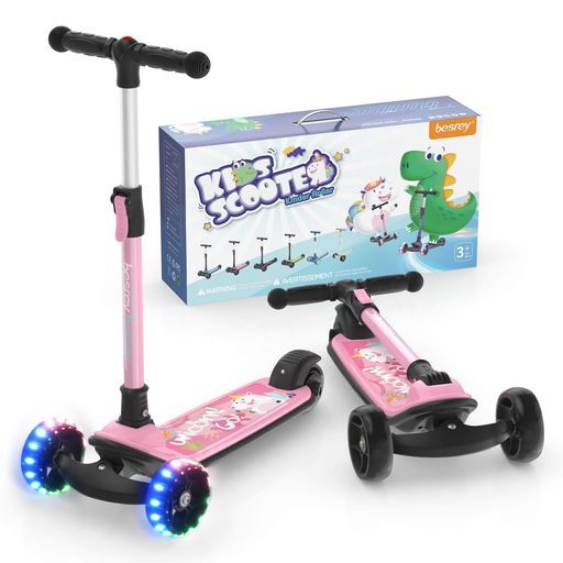 besreyキックスクーターキックボード子供キッズスクーター三輪車3輪タイプ4階段調節可能方向転換後輪ブレーキ高さ調整可能光るLEDタイヤ軽量持ち運び便利多機能コンパクト静音誕生日プ…