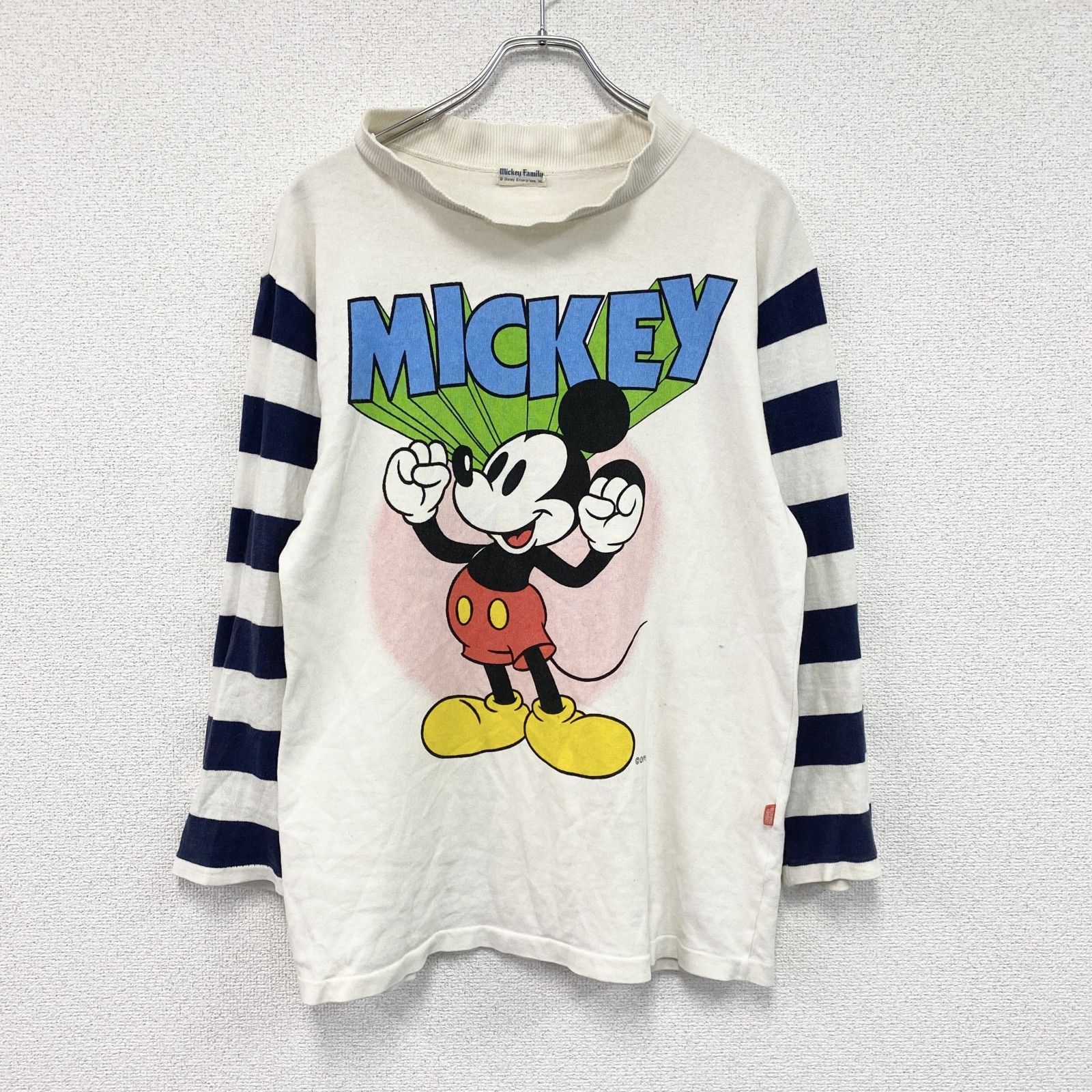 Disney　ディズニー　ミッキーマウス　長袖Tシャツ/ロンT　ボーダー　白　ホワイト　古着