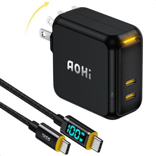 AOHI100W充電器PD充電器100W2ポート充電器type-c【PSE技術基準適合/折りたたみ式/最軽量/GaN+】タイプc充電器、MacBookPro/Air、iPad、iphone14/15、DellXPS、