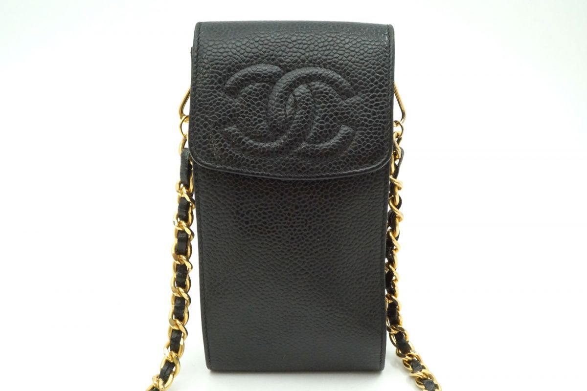 シャネル ココマーク チェーン ショルダーバッグ ポシェット シガレットケース キャビアスキン レザー 黒 ブラック CHANEL 6355h
