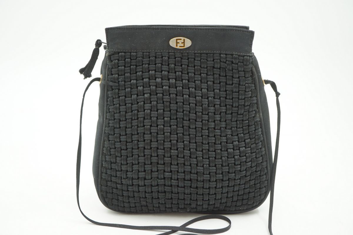 フェンディ ヴィンテージ ミニ ショルダーバッグ ポシェット 編み込み FFロゴ コットン 黒 ブラック FENDI 6356h