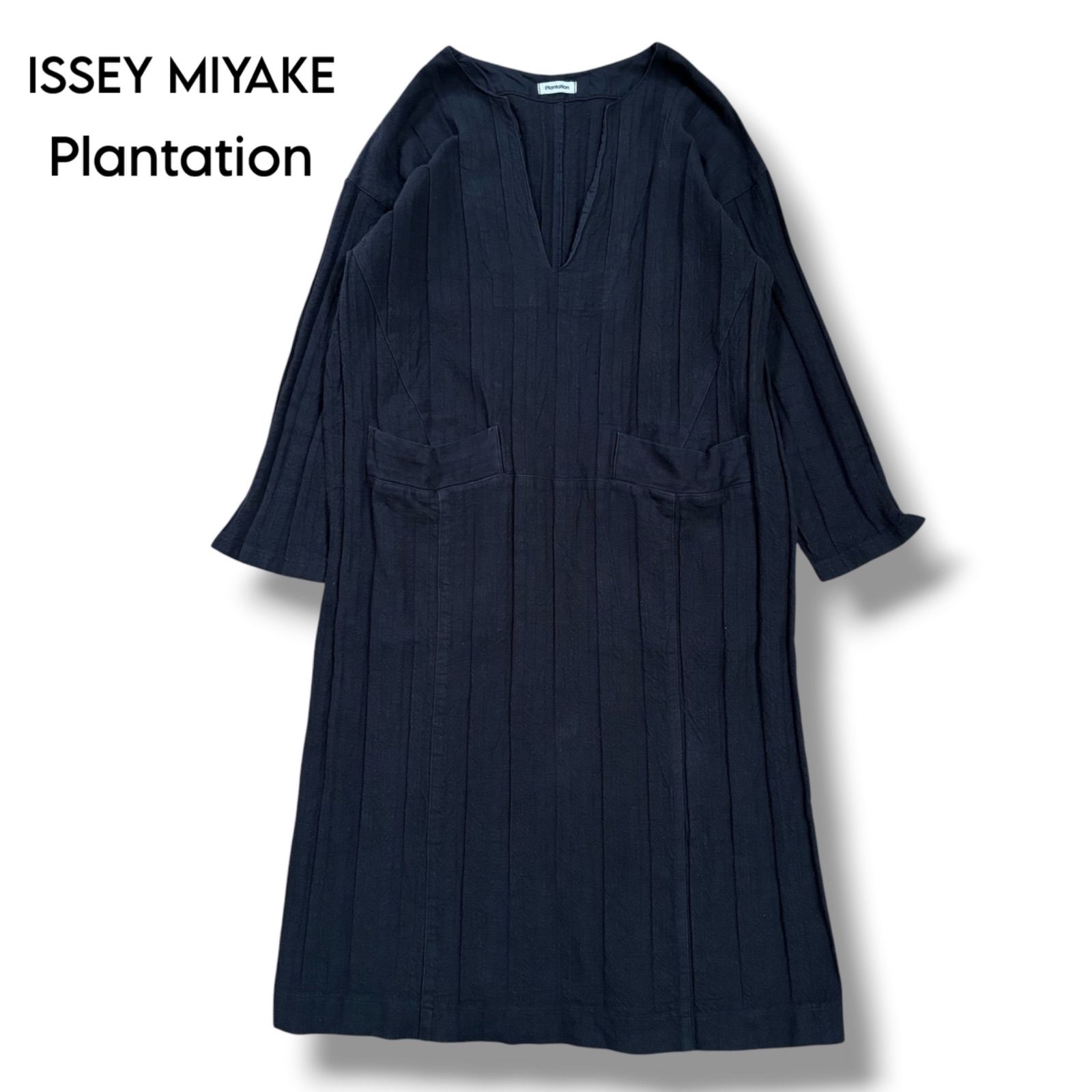 【Plantation】波ストライプ　Vネックリネン混ワンピース　M