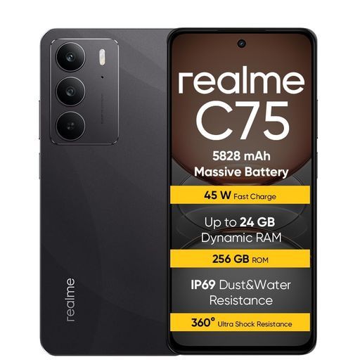 realmeC75スマートフォン8+256GB、IP69、5828mAhバッテリー、ArmorShellTM2ガラス、50MP超高精細カメラ、45W急速充電、ブラック(アダプターなし)