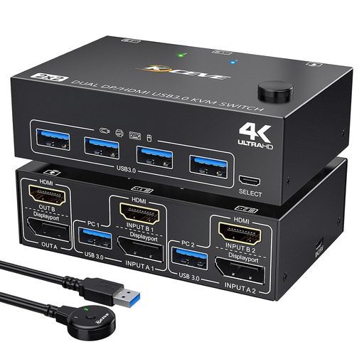 デュアルモニターKVMスイッチ2ポート4K@60HzHDMI+DPUSB3.0スイッチ拡張ディスプレイ2台のモニター2台のコンピューターUSB3.0ケーブル有線コントローラー付き