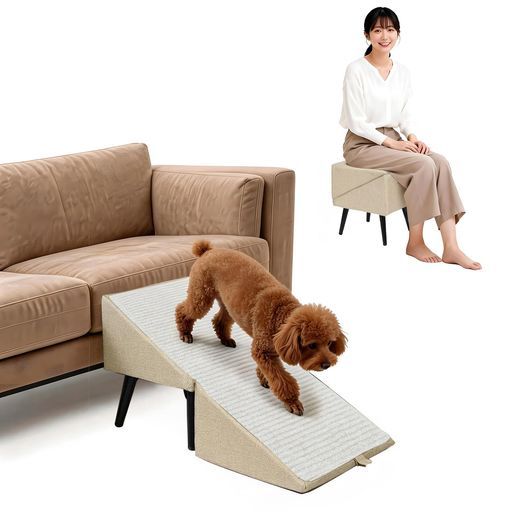 Mokiland2WAYペット用スロープ階段折り畳みドッグスロープ&踏み台滑り止め犬用スロープ人犬兼用小型犬中型犬木製脚多機能ソファ犬用ランプとオットマンシニア犬対応(カーキ色)