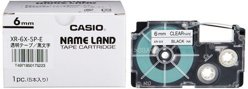 カシオラベルライターネームランド純正テープ6mmXR-6X-5P-E透明に黒文字5本
