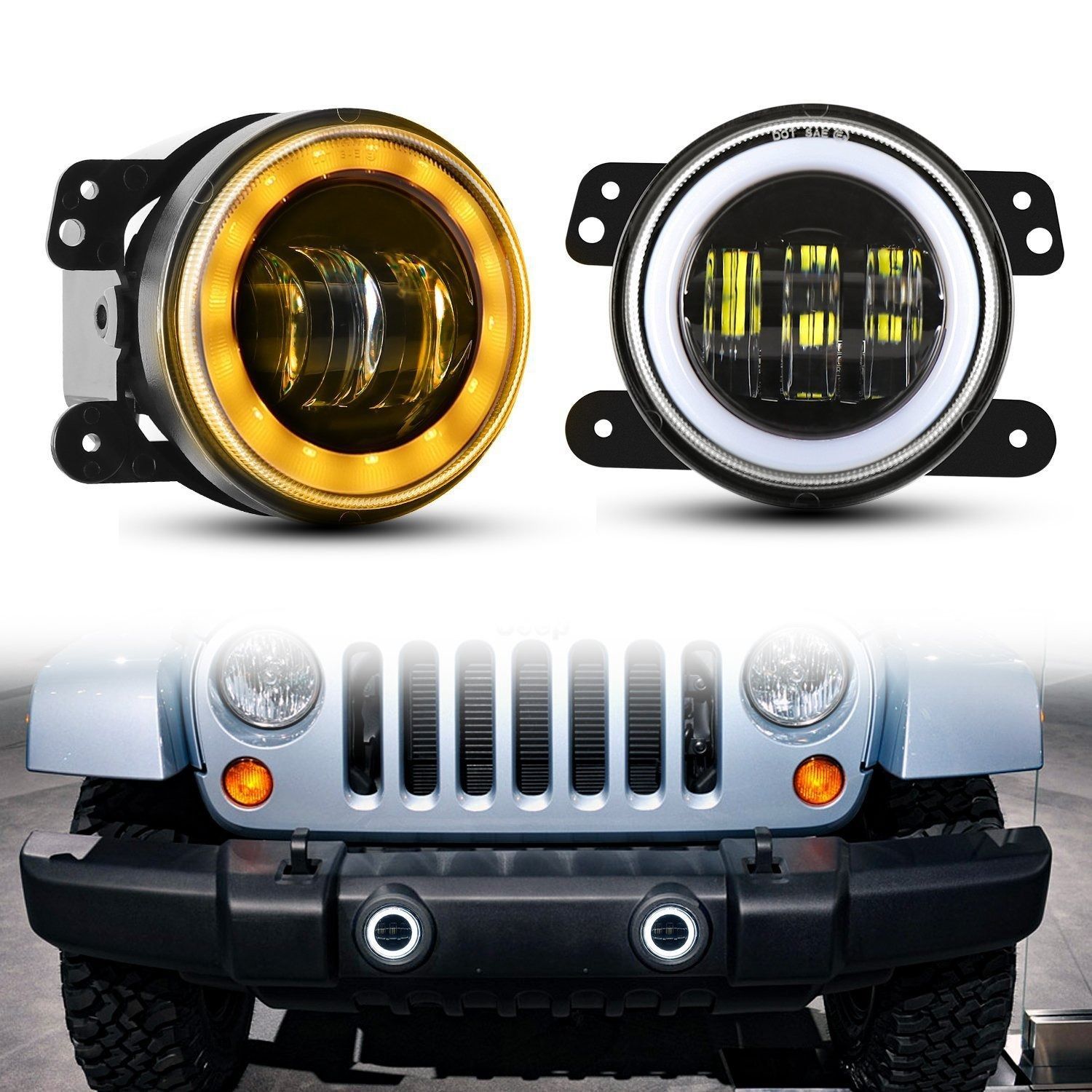 【送料込み】ジープ ラングラー JK TJ LJ 対応 4インチ LEDフォグランプ エンジェルアイ リング ポジションランプ ウインカー機能 明るい 夜間視認性アップ お買い得