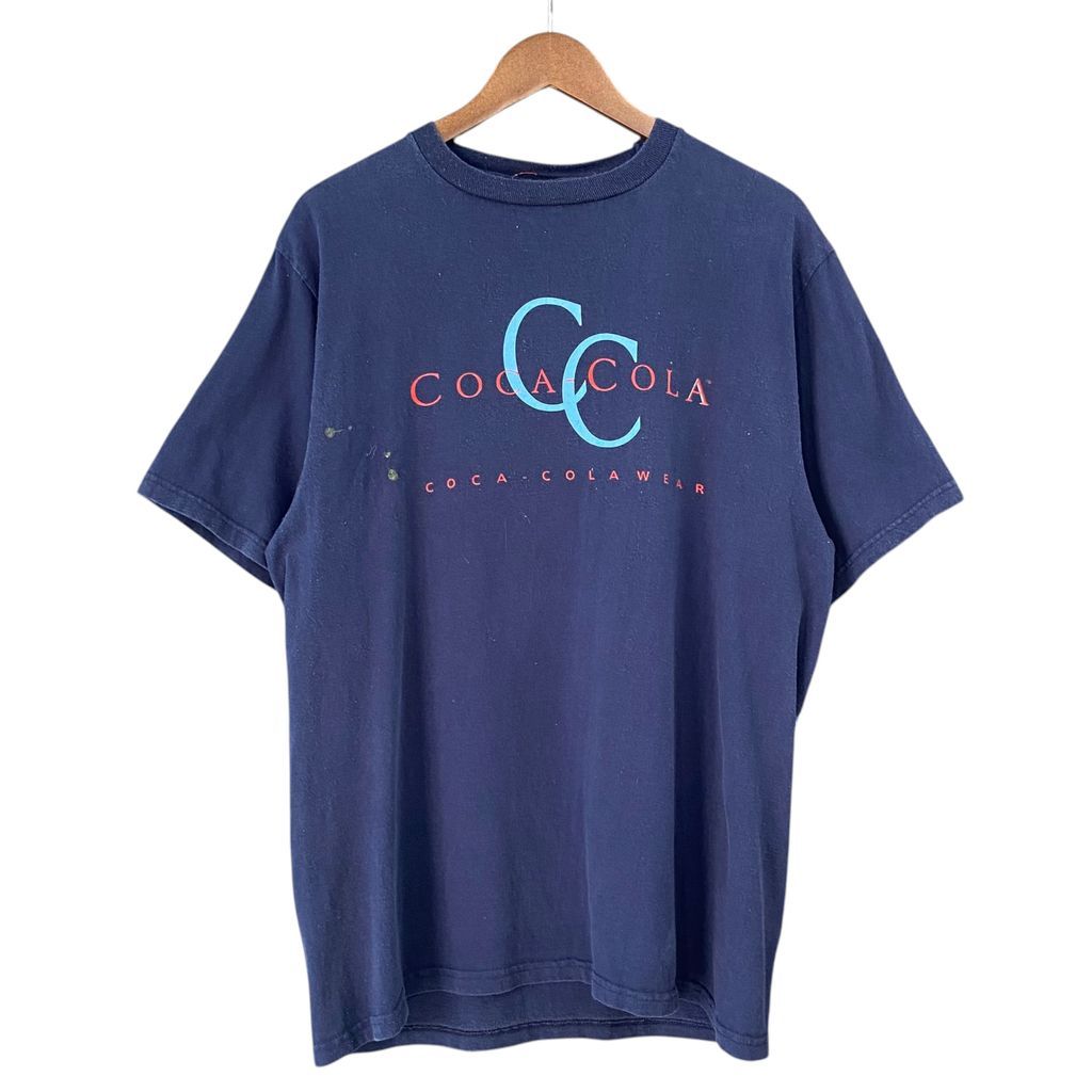 ・ 90s COCA COLA コカコーラ made in usa アメリカ製 シロクマ Tシャツ バックプリント カルバンクラインパロディ ネイビー サイズ L No.S256