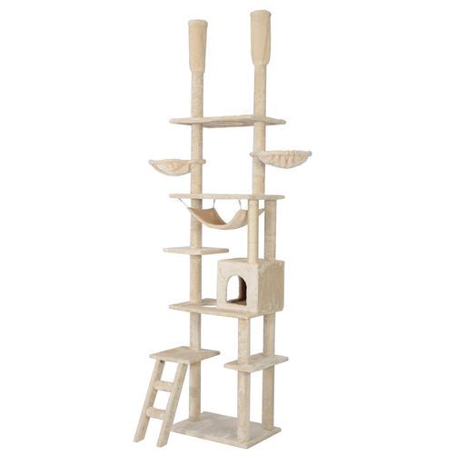 OSJキャットタワー突っ張り型スリム高さ235-258cm多頭飼いダブルハンモックニャンモック猫タワー階段付き猫ハウス爪とぎ天然麻紐省スペース運動不足解消ふわふわ生地ベージュ