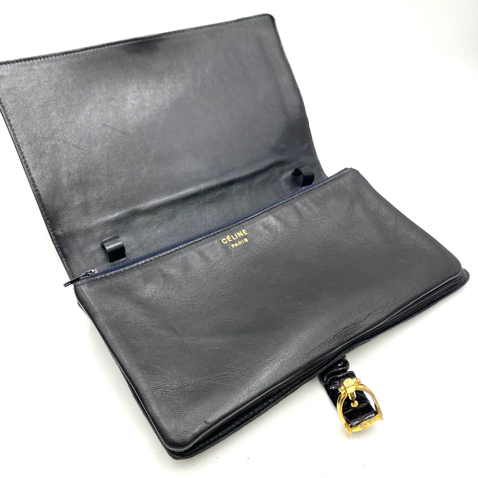 CELINE セリーヌ クロコダイル 系 型押し 馬車金具 ブラック クラッチ