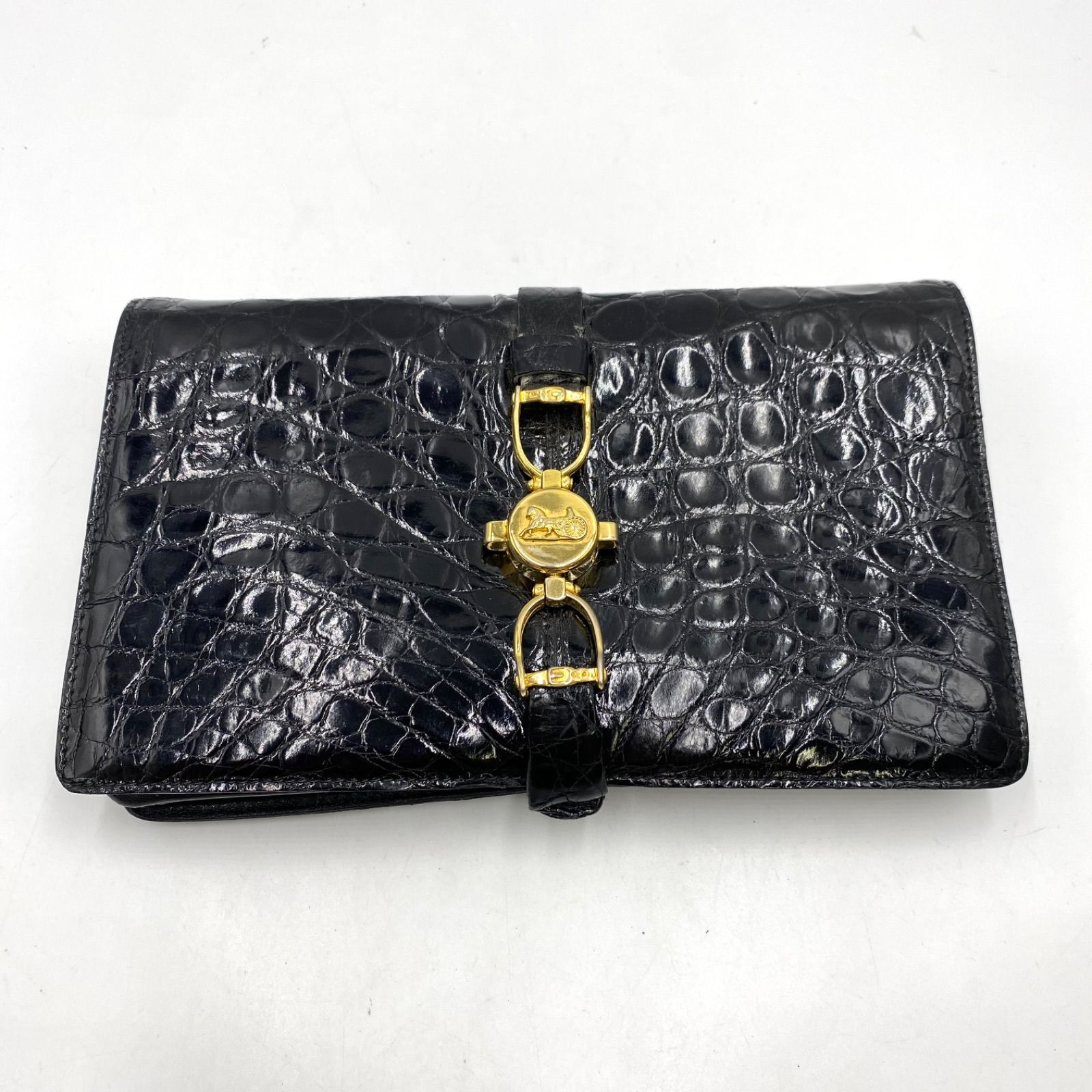 CELINE セリーヌ クロコダイル 系 型押し 馬車金具 ブラック クラッチ