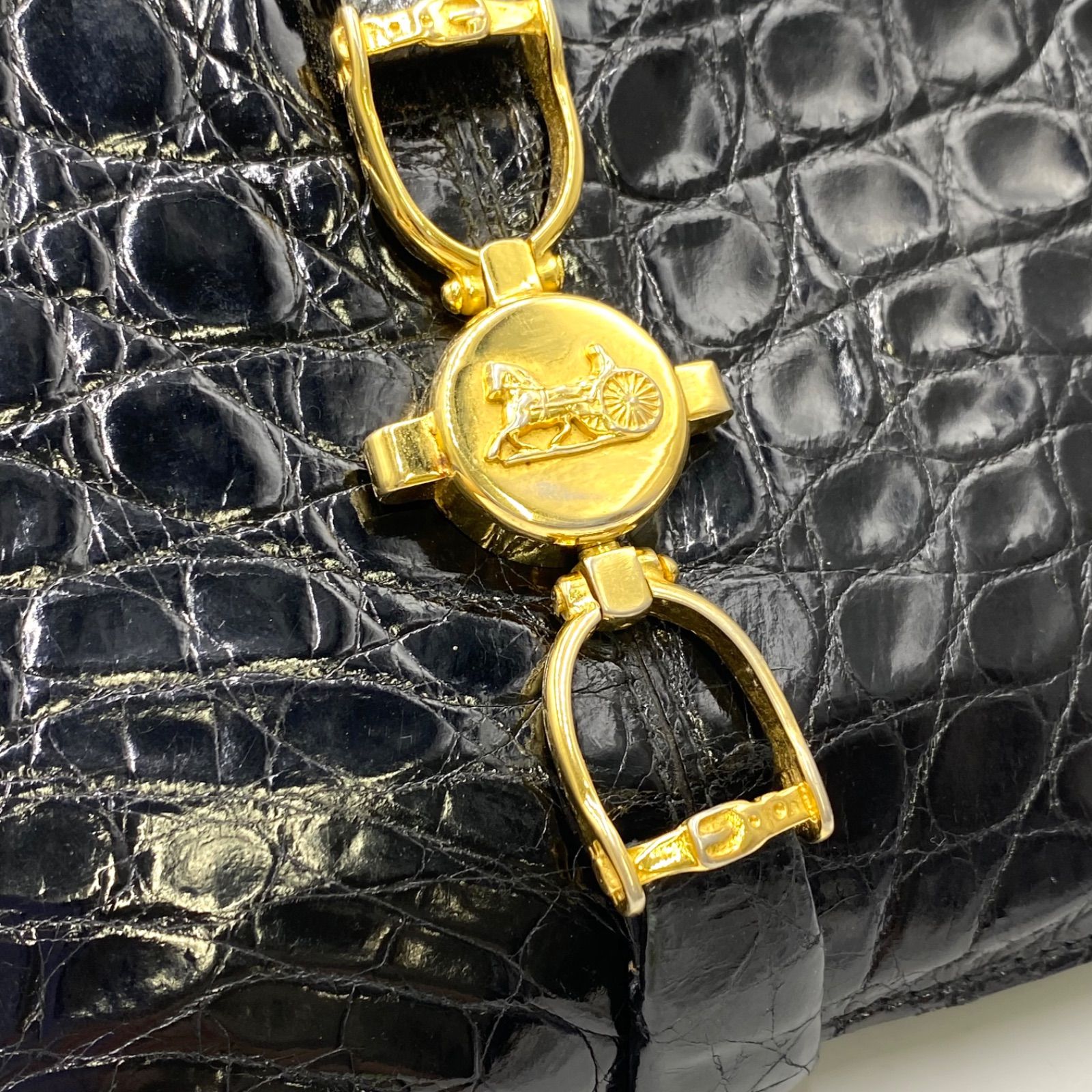 CELINE セリーヌ クロコダイル 系 型押し 馬車金具 ブラック クラッチ