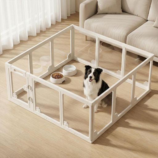 ペットサークルG-AVERIL高さ60cmバリアフリー透明アクリパネル屋内外兼用ペットケージ犬用中型犬/小型犬対応脱出防止吸盤付き滑り止めシンプル折り畳み式組立簡単組み替え可能