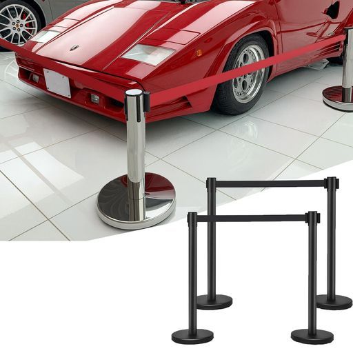 Batoneベルトパーテーション4本セット4方向連結移動が便利です人員整理自動巻取りポールパーテーションブラックポールxブラックベルトベルト長さ約2m支柱ベルトパーテーション行列の整…