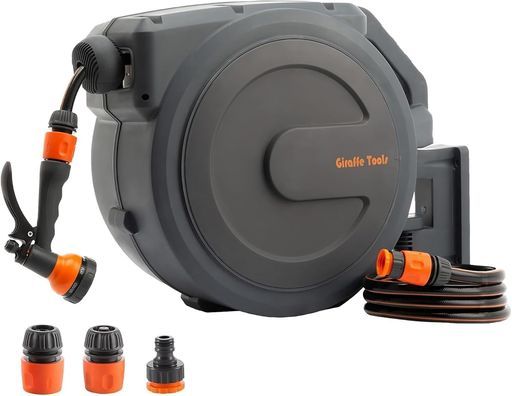 GiraffeTools自動巻き取りホースリール壁掛け式25m伸縮自由ロック機能ガーデンホースリール、180°回転ベース7段階ノズル園芸花壇ガーデニング掃除庭洗車、グレー