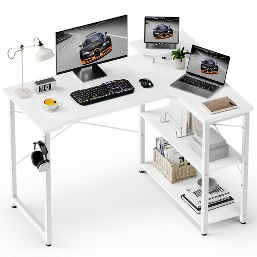 kukeimaruL字コンピュータデスク、幅110cm、収納棚とディスプレイ棚付きのコーナーゲームデスク、ホームオフィスコンピュータデスク、ホワイト、右棚