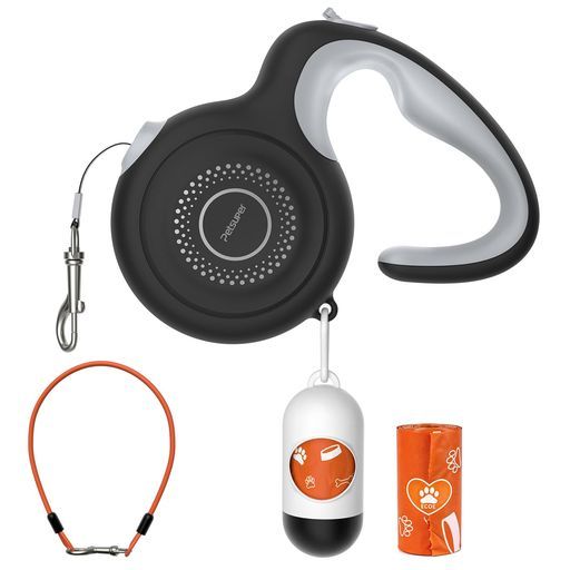 5mオートロック式自動巻きリード噛み切り防止スチールケーブル付き360°もつれない衝撃吸収ウンチ袋ディスペンサー内蔵人間工学グリップハンドル60kg以下中型・大型犬用