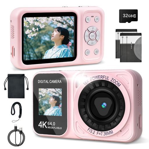デジタルカメラ4K30FPS6400万画素デュアルスクリーンIPSコンパクトコンデジ|32GBカード付き18倍デジタルズーム手ぶれ補正Type-C充電バッテリー2枚日本語説明書