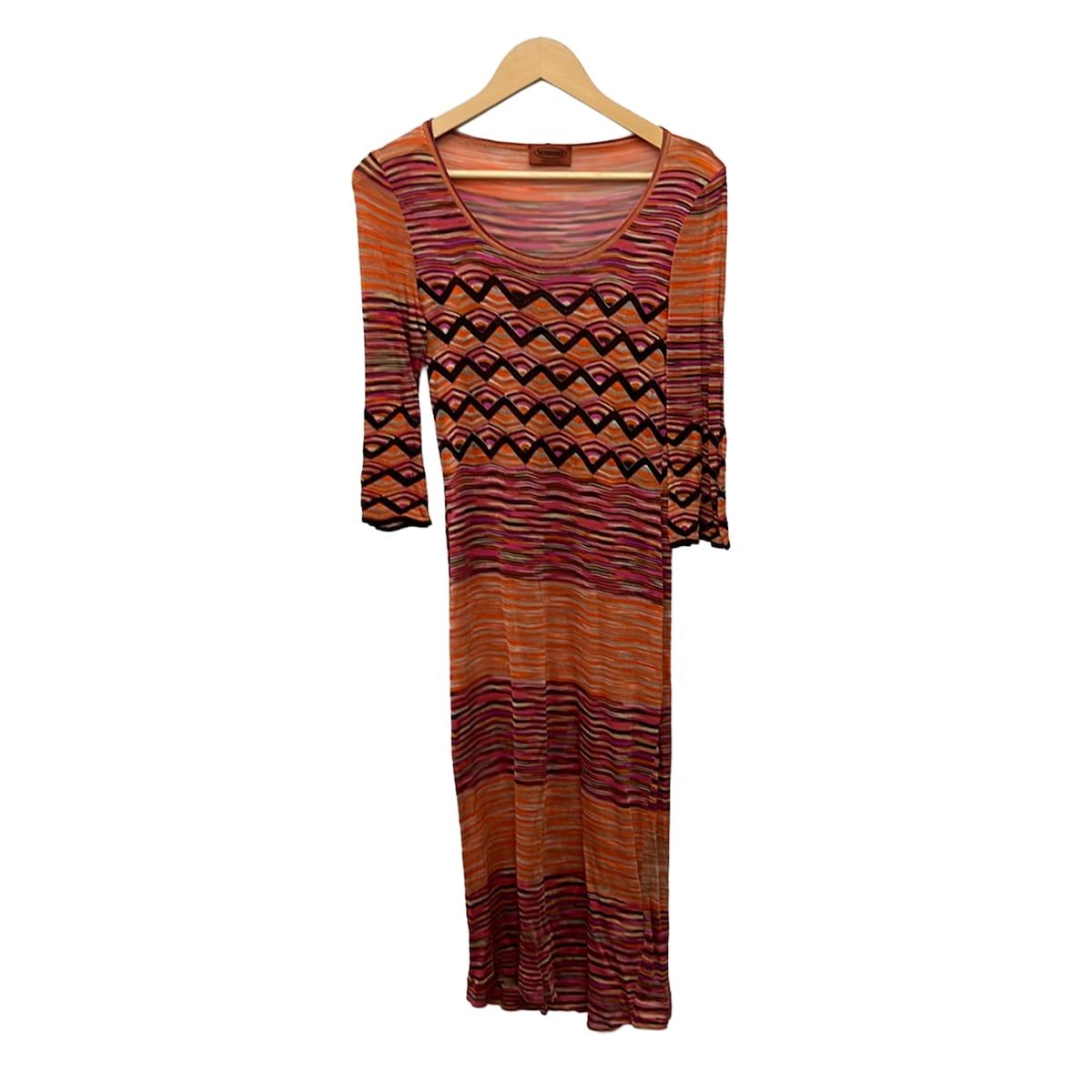 MISSONI(ミッソーニ) ワンピース サイズ44 L レディース - オレンジ×ピンク×マルチ クルーネック/長袖/ロング