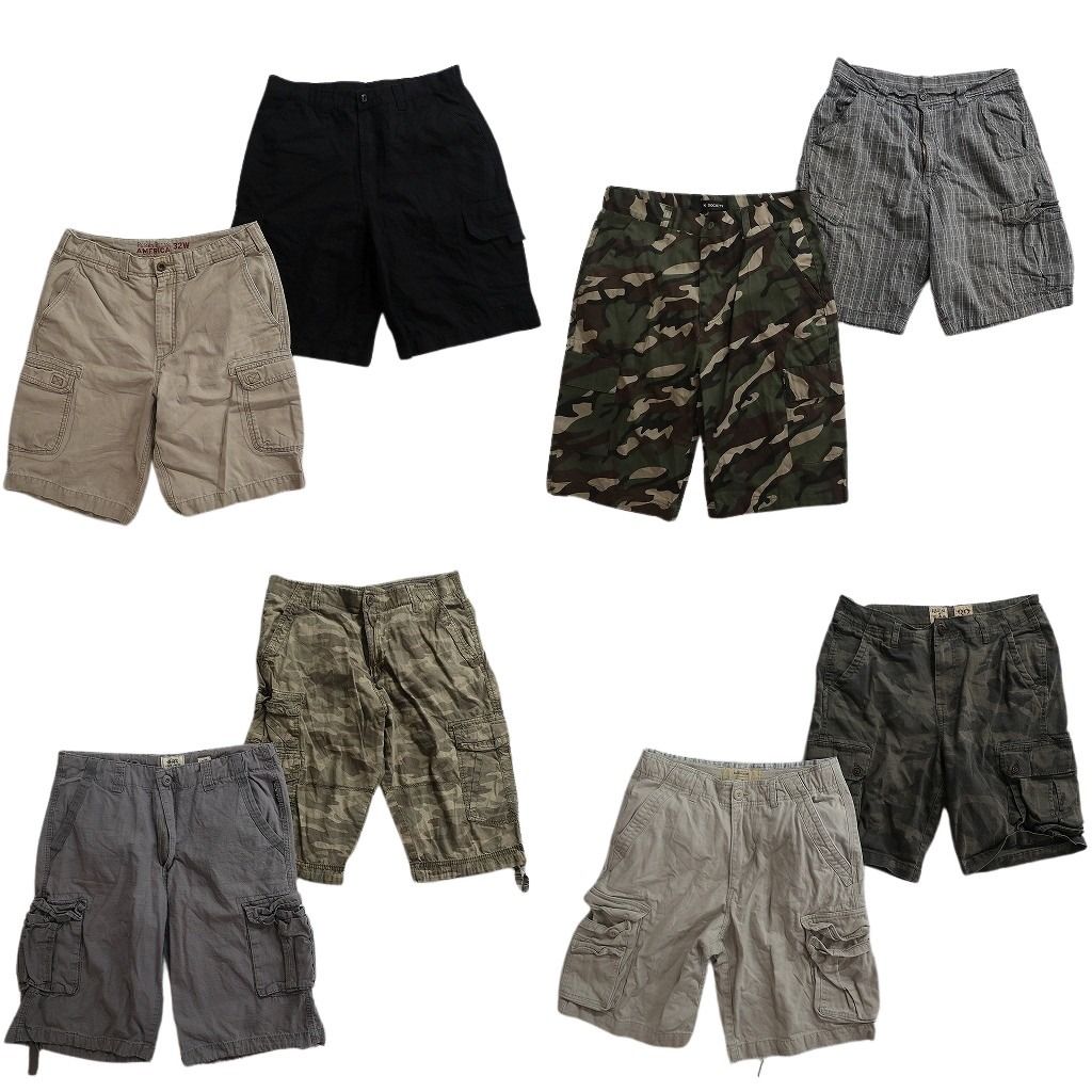 古着卸 まとめ売り カーゴ ショートパンツ 8枚セット ( メンズ 32 ) ブラック ベージュ 迷彩柄 チェック 中古 古着 NE6413