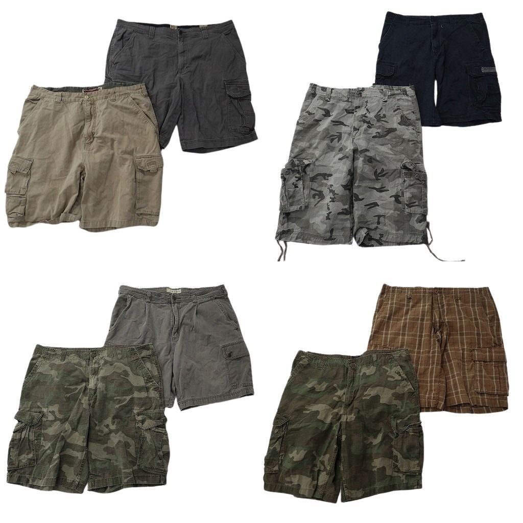 古着卸 まとめ売り カーゴ ショートパンツ 8枚セット ( メンズ 38/36 ) グレー ベージュ チェック 迷彩柄 ネイビー 中古 古着 NE6438