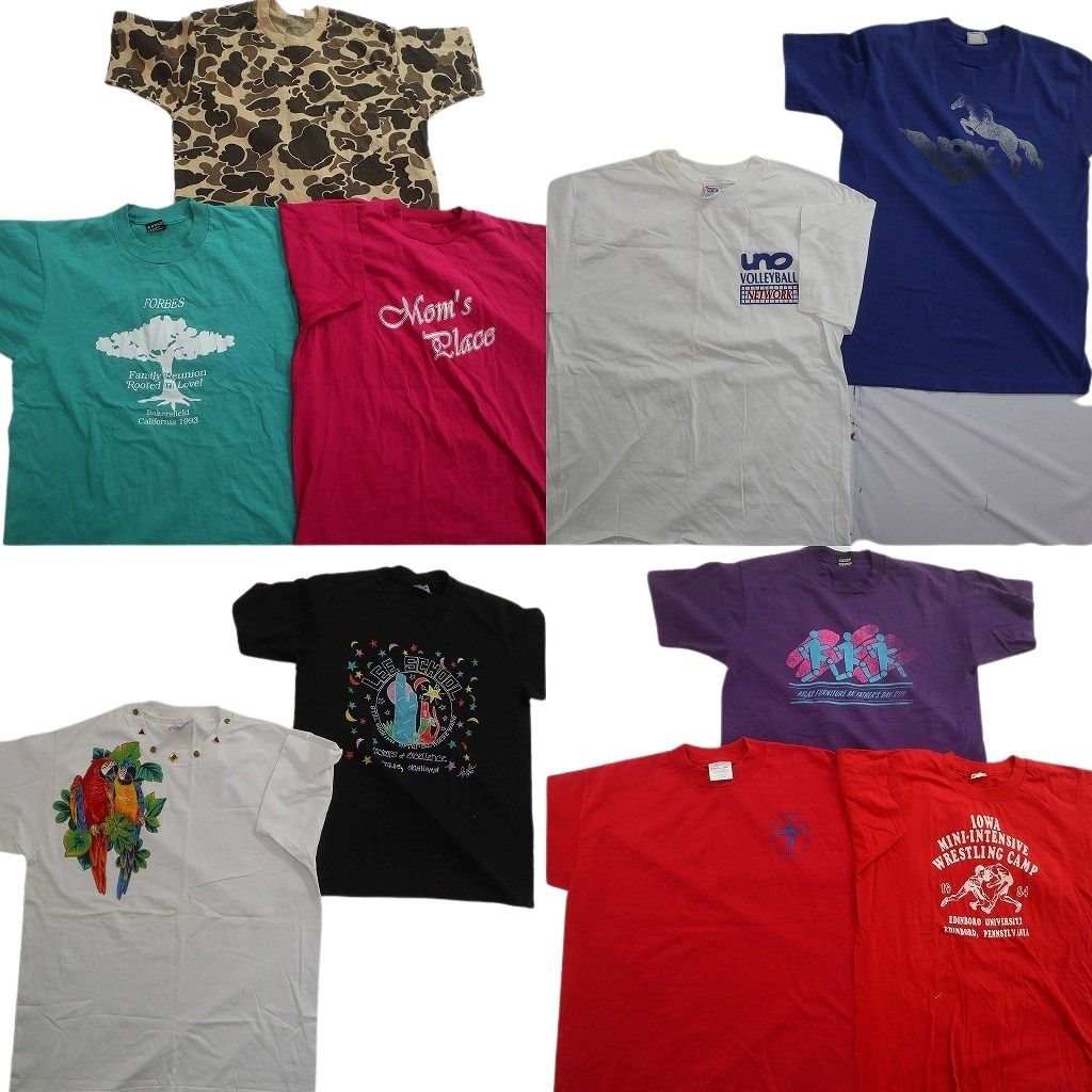 古着卸 まとめ売り シングル Tシャツ 10枚セット ( メンズ L ) ヘインズ カモ柄 アニマル インコ ブラック 中古 古着 NE6517