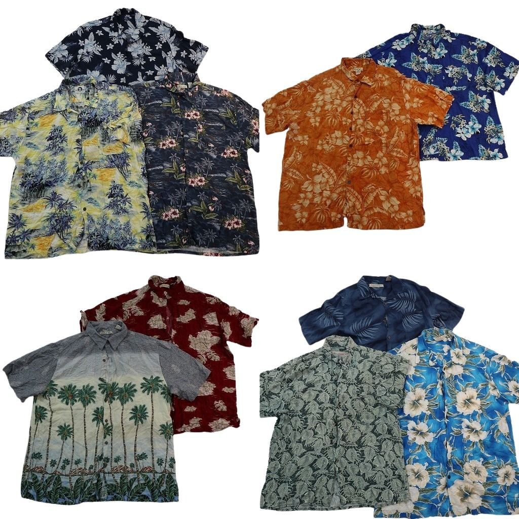 古着卸 まとめ売り 素材MIX アロハシャツ 10枚セット ( メンズ XL ) ホリゾンタル パームツリー ハイビスカス 中古 古着 NE6599
