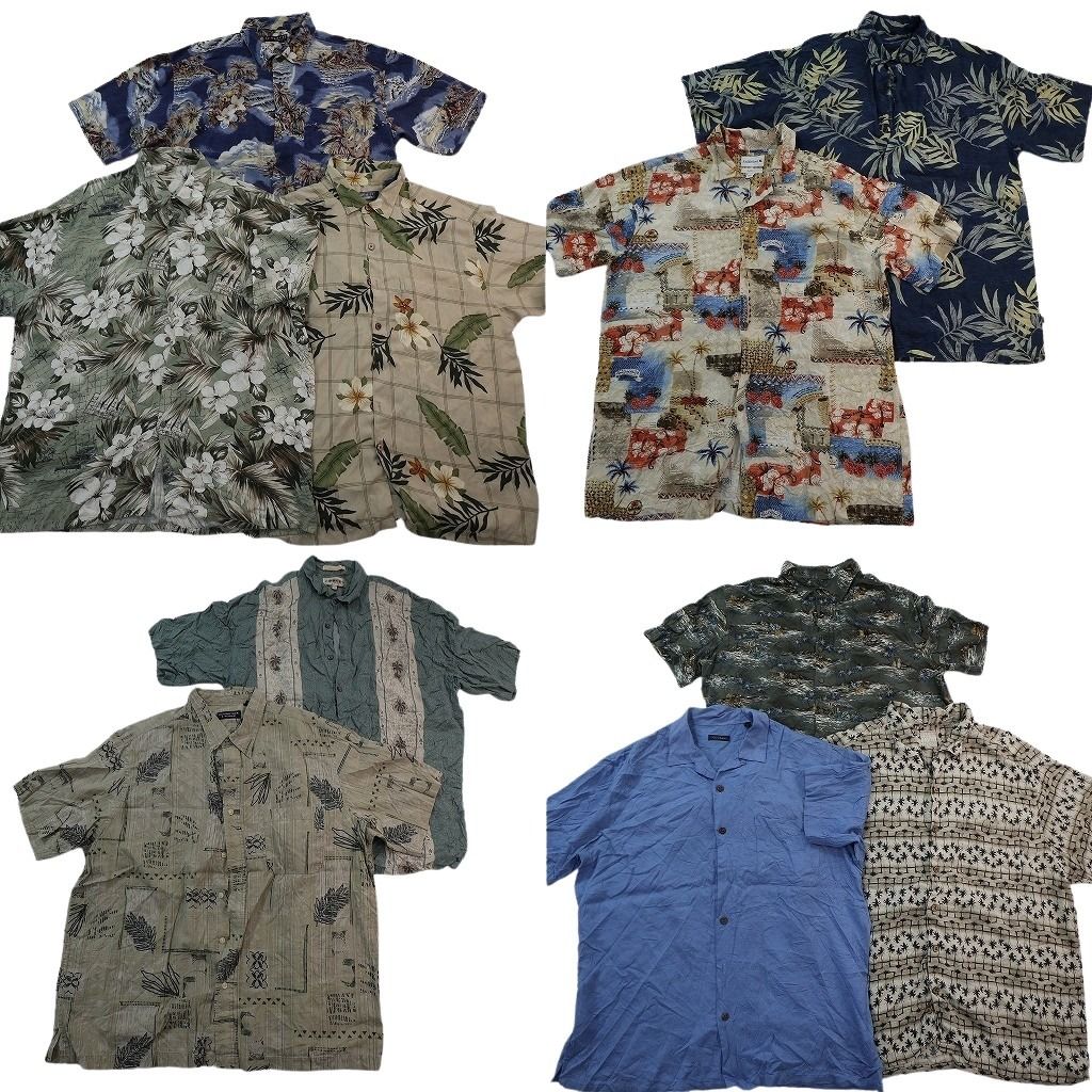古着卸 まとめ売り 素材MIX アロハシャツ 10枚セット ( メンズ XL ) ハイビスカス オープンカラー リーフ柄 中古 古着 NE6600