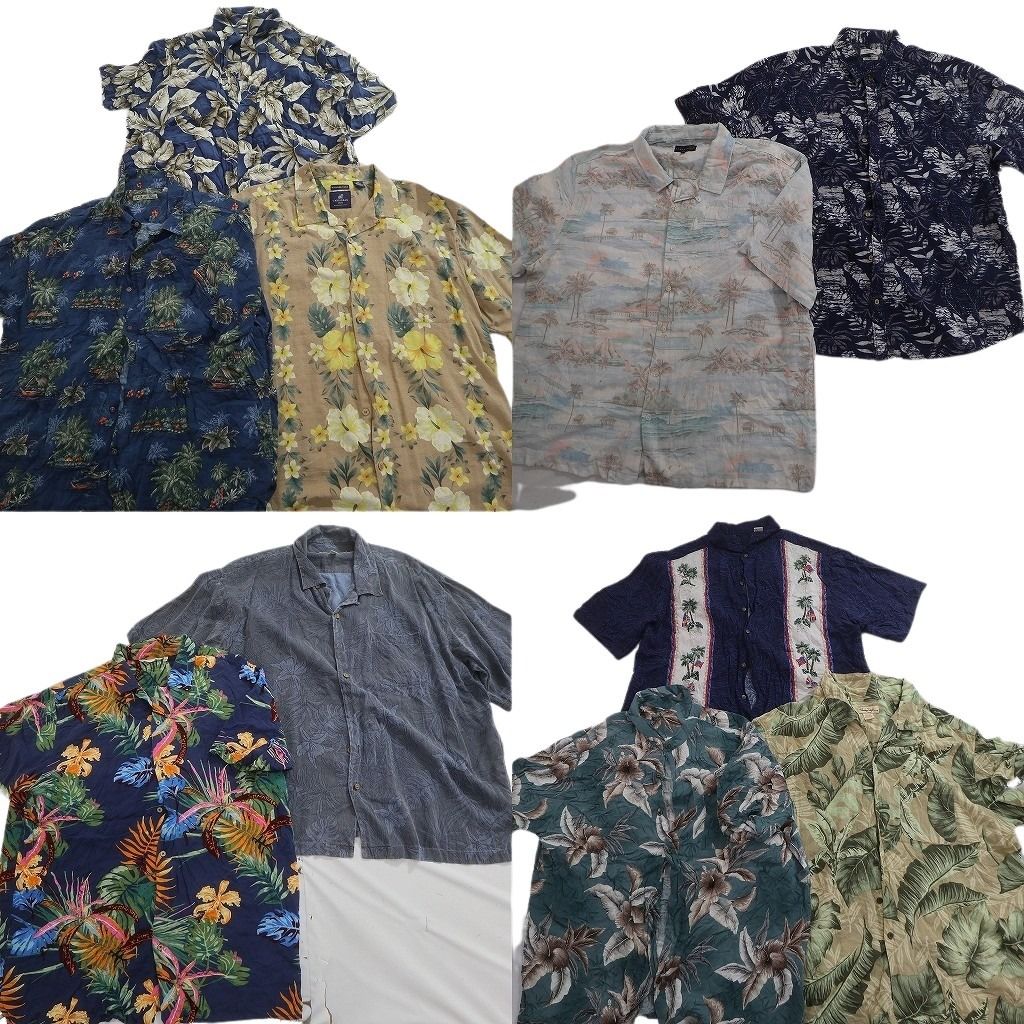 古着卸 まとめ売り 素材MIX アロハシャツ 10枚セット ( メンズ 2XL ) ハイビスカス ボックスカット リーフ柄 中古 古着 NE6601