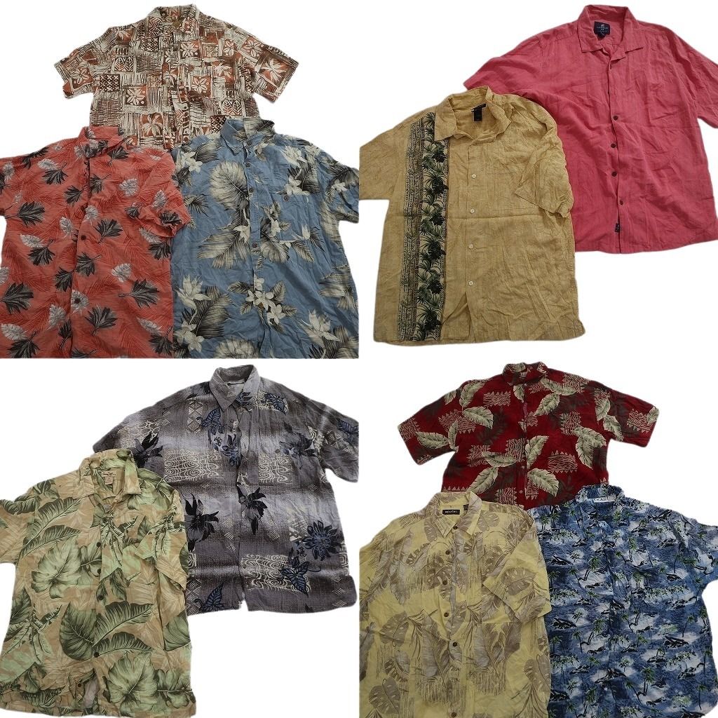 古着卸 まとめ売り 素材MIX アロハシャツ 10枚セット ( メンズ L ) ハイビスカス リーフ柄 オープンカラー ボックスカット 中古古着 NE6604