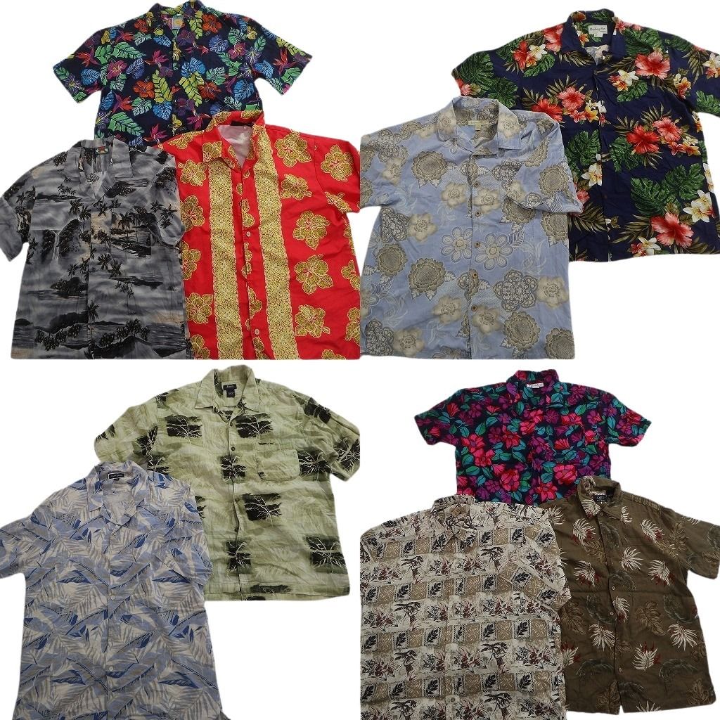 古着卸 まとめ売り 素材MIX アロハシャツ 10枚セット ( メンズ L ) ハイビスカス オープンカラー パームツリー リーフ柄 中古 古着 NE6607
