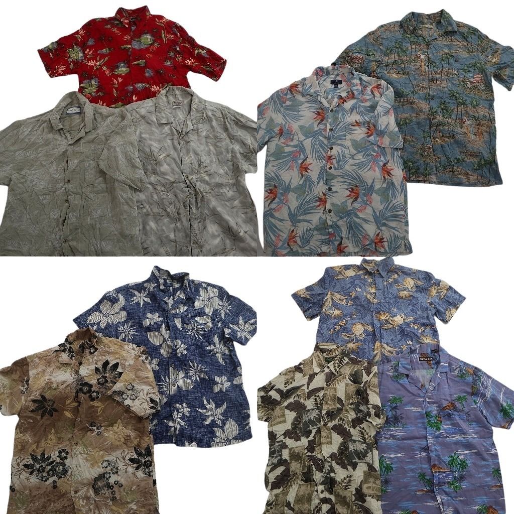 古着卸 まとめ売り 素材MIX アロハシャツ 10枚セット ( メンズ M ) ホリゾンタル パームツリー ハイビスカス オープンカラー 中古 NE6608