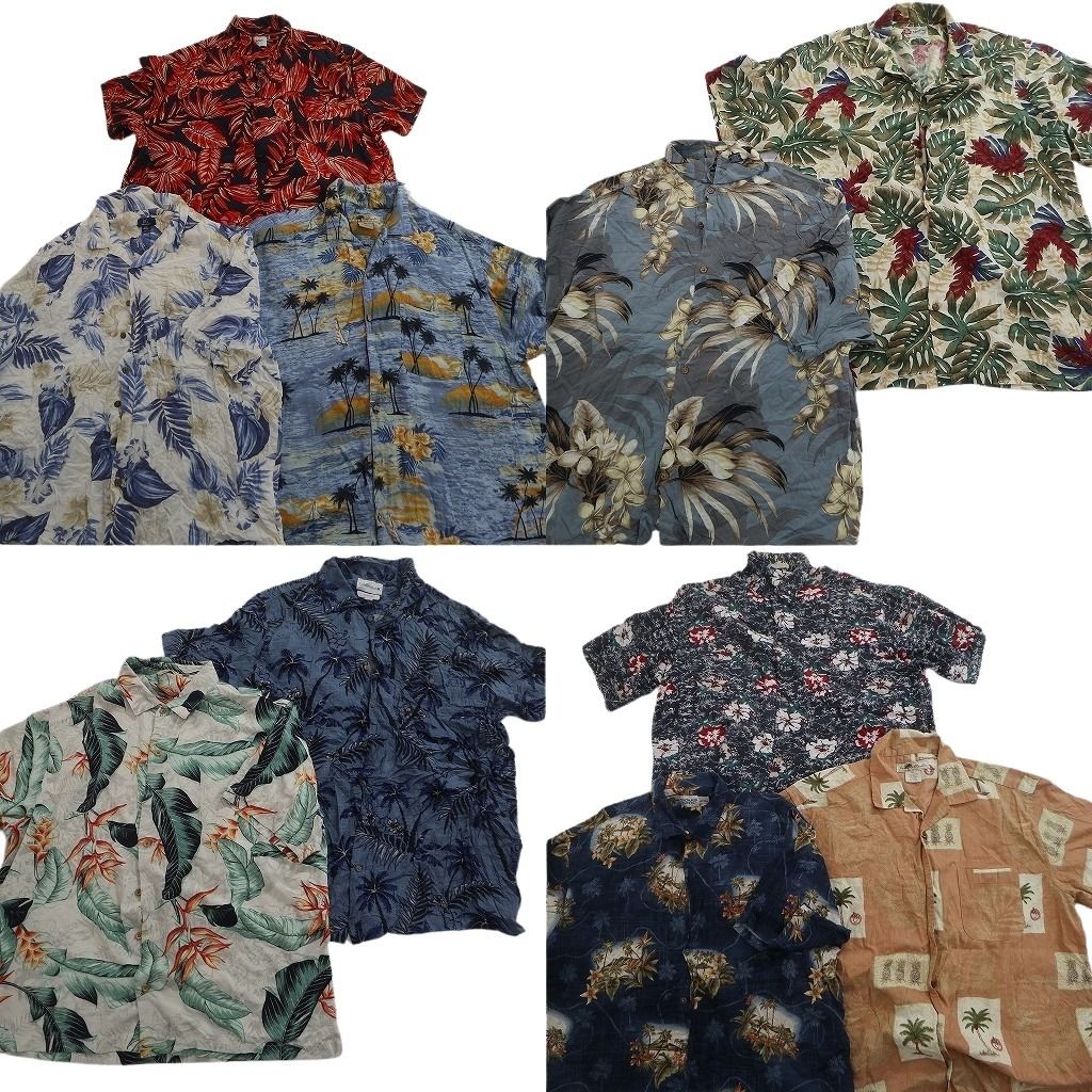 古着卸 まとめ売り 素材MIX アロハシャツ 10枚セット ( メンズ 2XL ) リーフ柄 ホリゾンタル ハイビスカス ボックスカット 中古古着 NE6610