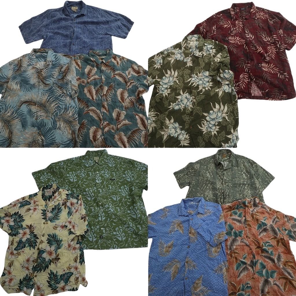 古着卸 まとめ売り 素材MIX アロハシャツ 10枚セット ( メンズ XL ) リーフ柄 オープンカラー ボックスカット ハイビスカス 中古 NE6612