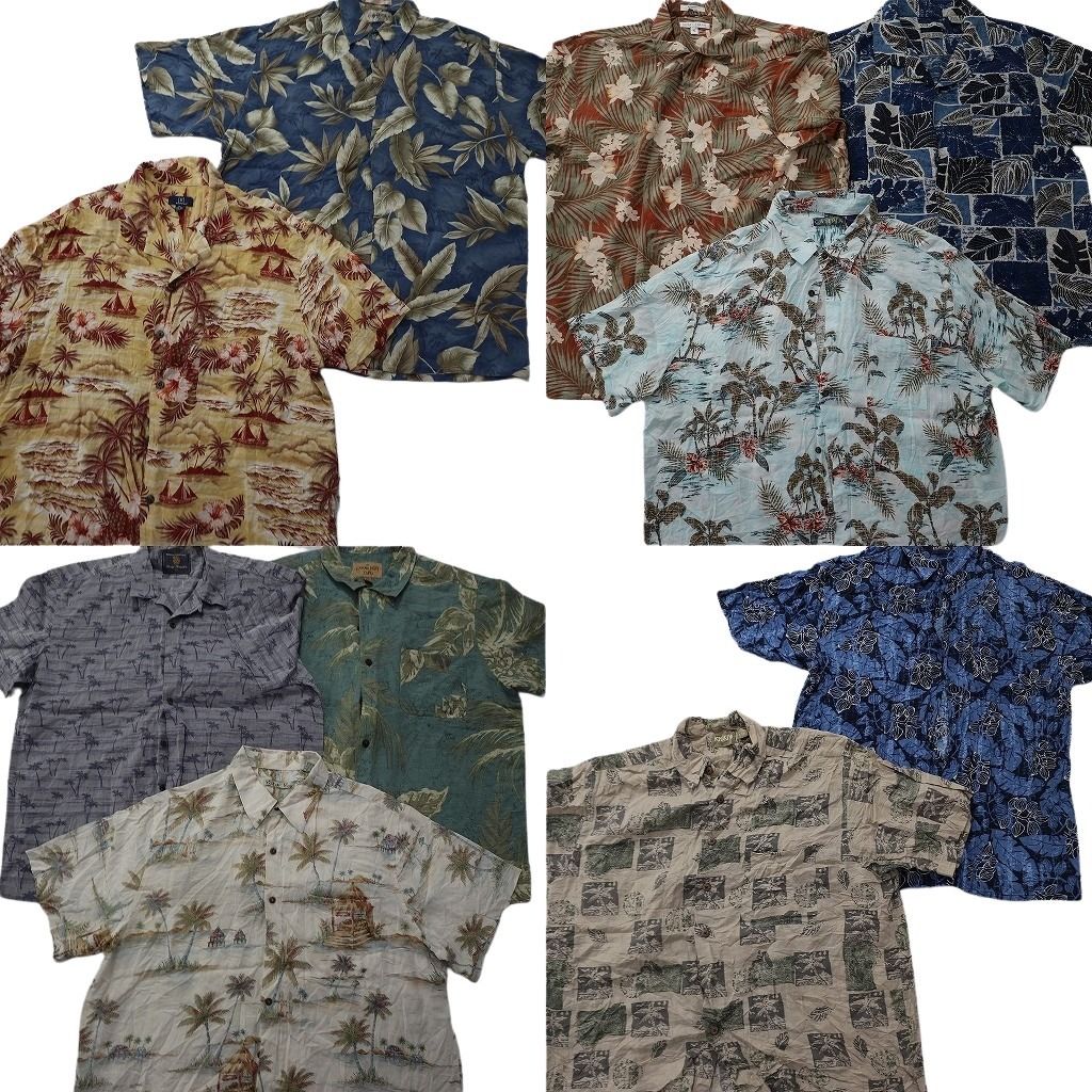 古着卸 まとめ売り 素材MIX アロハシャツ 10枚セット ( メンズ XL ) オープンカラー パームツリー リーフ柄 ハイビスカス 中古 古着 NE6621