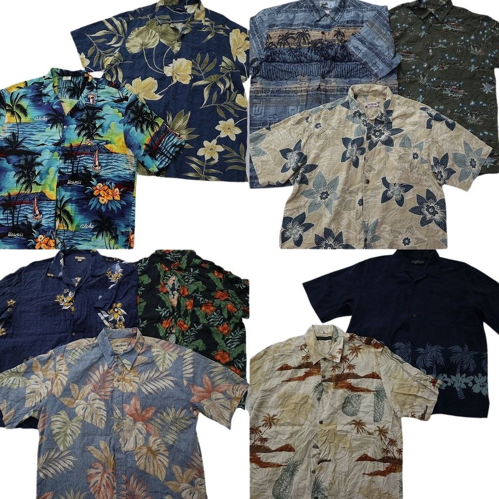 古着卸 まとめ売り 素材MIX アロハシャツ 10枚セット ( メンズ L ) ホリゾンタル パームツリー パイナップル リーフ柄 中古 古着 NE6626