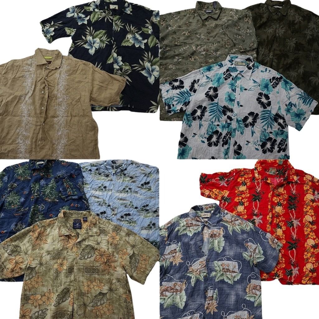 古着卸 まとめ売り 素材MIX アロハシャツ 10枚セット ( メンズ XL ) ハイビスカス リーフ柄 パイナップル ボーダー 中古 古着 NE6628