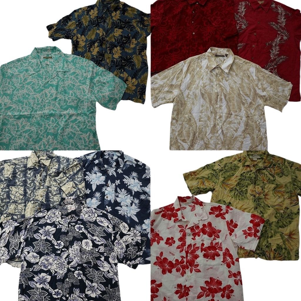 古着卸 まとめ売り 素材MIX アロハシャツ 10枚セット ( メンズ L ) オープンカラー ハイビスカス リーフ柄 中古 古着 NE6630