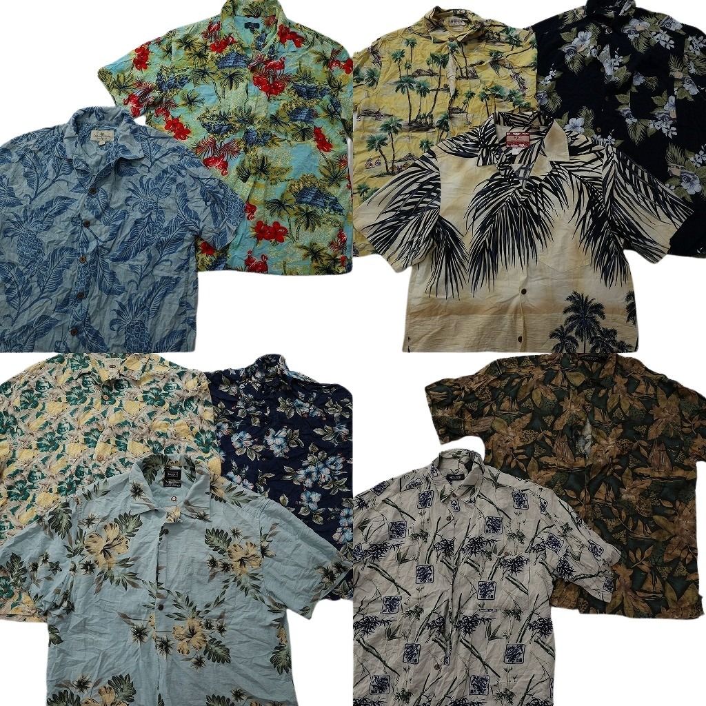 古着卸 まとめ売り 素材MIX アロハシャツ 10枚セット ( メンズ L ) フラミンゴ ハイビスカス リーフ柄 オープンカラー 中古 古着 NE6632