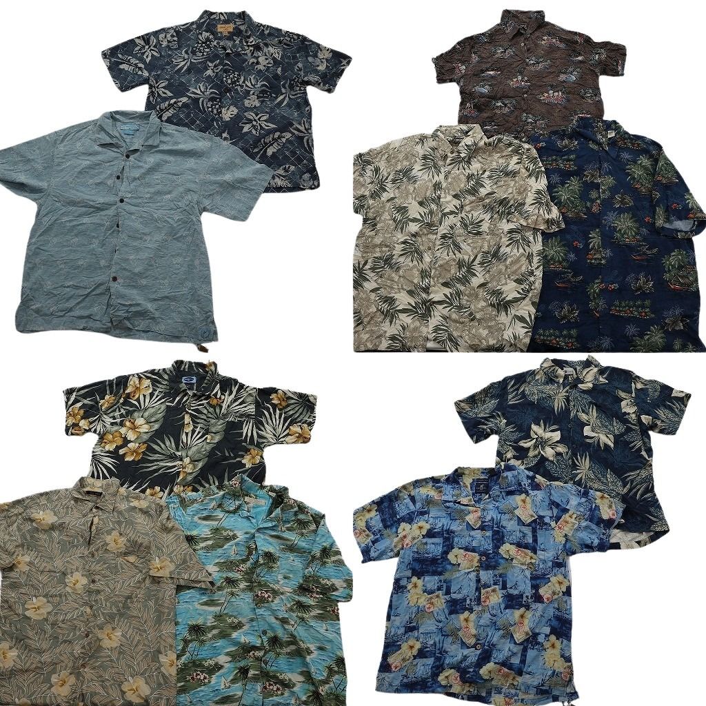 古着卸 まとめ売り 素材MIX アロハシャツ 10枚セット ( メンズ XL ) オープンカラー ハイビスカス リーフ柄 中古 古着 NE6643