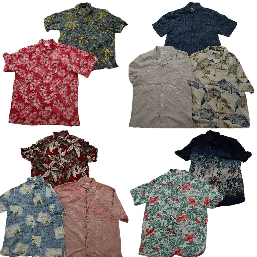 古着卸 まとめ売り 素材MIX アロハシャツ 10枚セット ( メンズ L ) パームツリー ハイビスカス リーフ柄 中古 古着 NE6655