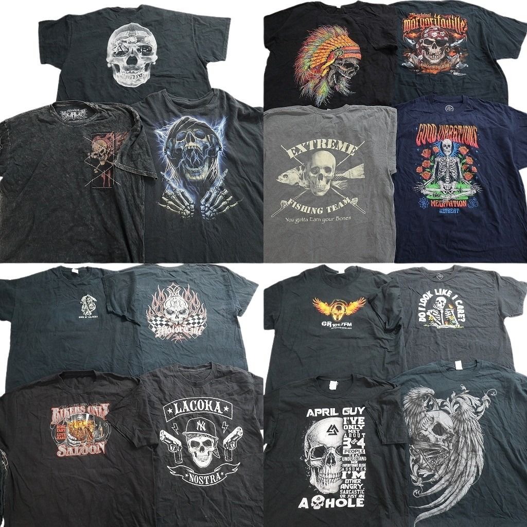 古着卸 まとめ売り スカル Tシャツ 15枚セット ( メンズ 2XL/3XL ) Y2K ブラック パイレーツ ワンポイント 中古 古着 NE6683