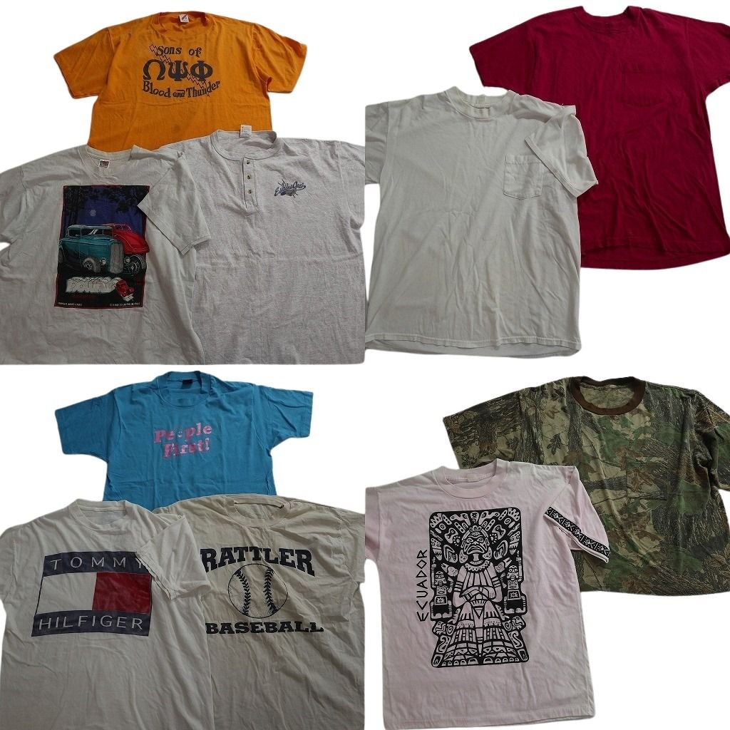 古着卸 まとめ売り シングル Tシャツ 10枚セット ( メンズ XL/2XL ) ヘンリーネック リアルツリー柄 車モチーフ 中古 古着 NE6695