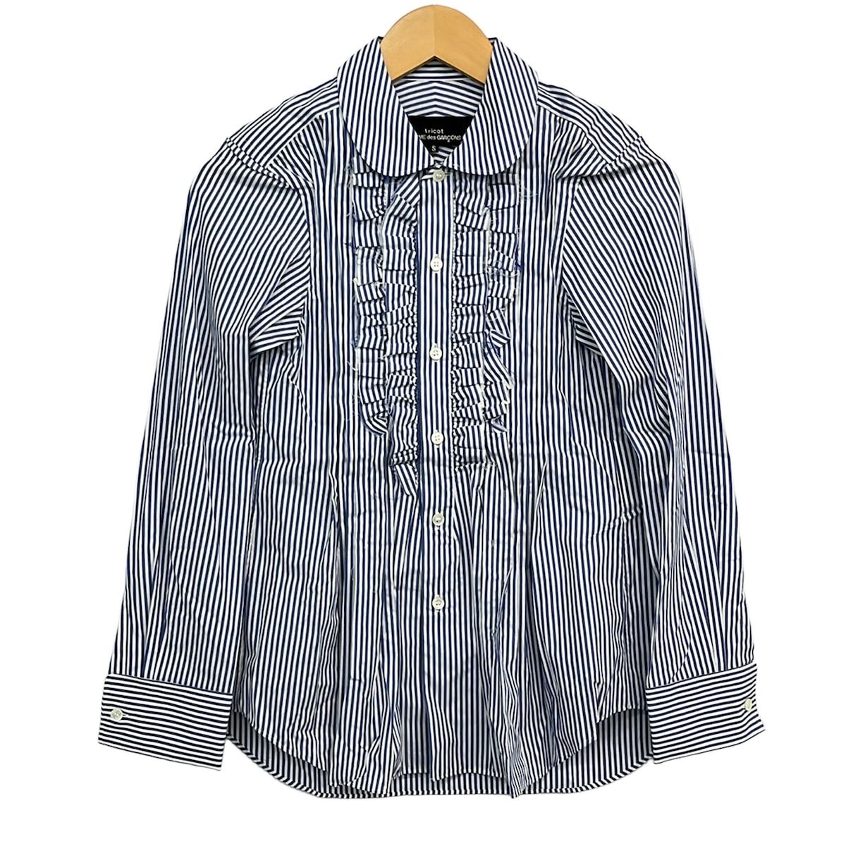 tricot COMMEdesGARCONS(トリココムデギャルソン) 長袖シャツブラウス サイズS レディース美品 - TO-B008 ネイビー×白 フリル/ストライプ 11,315円