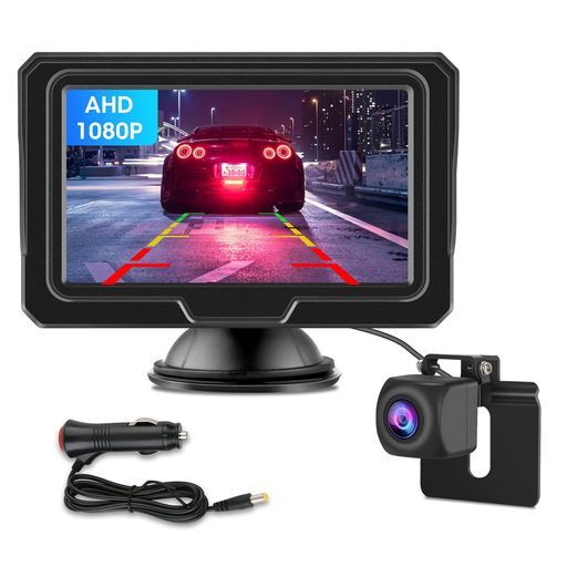 【新型2種類の電源供給】AHD4.3インチLCDモニターバックカメラモニターセット1080P超暗視機能バックカメラモニターガイドライン設定正鏡像切り替えIP68防塵防水12V対応シガーソケット給電…