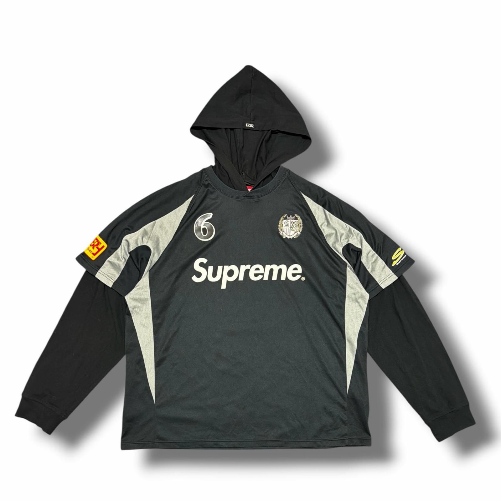 国内正規 Supreme 23AW HOODED SOCCER JERSEY フーデッドサッカージャージ フーディー パーカー ゲームシャツ シュプリーム ブラック XL （15090M）