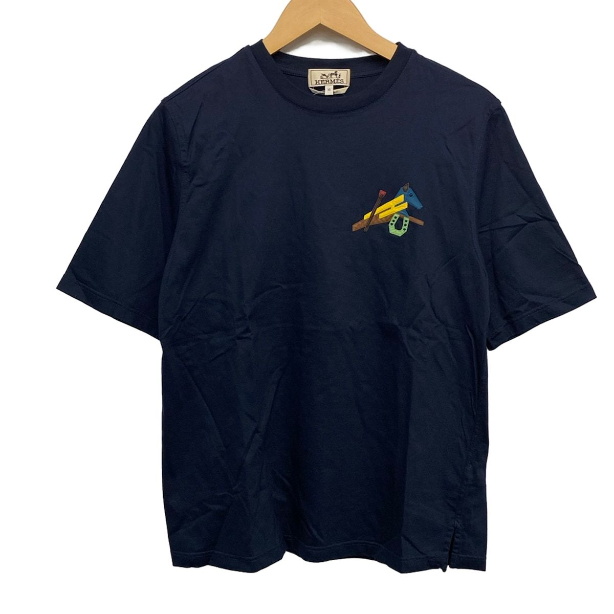 HERMES(エルメス) 半袖Tシャツ サイズXS メンズ美品 21-5756 ネイビー×マルチ レザーパッチ /PUZZLE QUESTRE