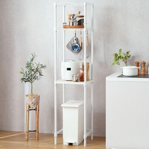 ドウシシャルミナスキッチン隙間収納ラック幅41cmx奥行41.5cmx高さ174cm耐荷重80kgラテポール径25mmラック2段LL4018-KBウッドシェルフ付きゴミ箱上炊飯器作業台カウンターキッチンボード幅40