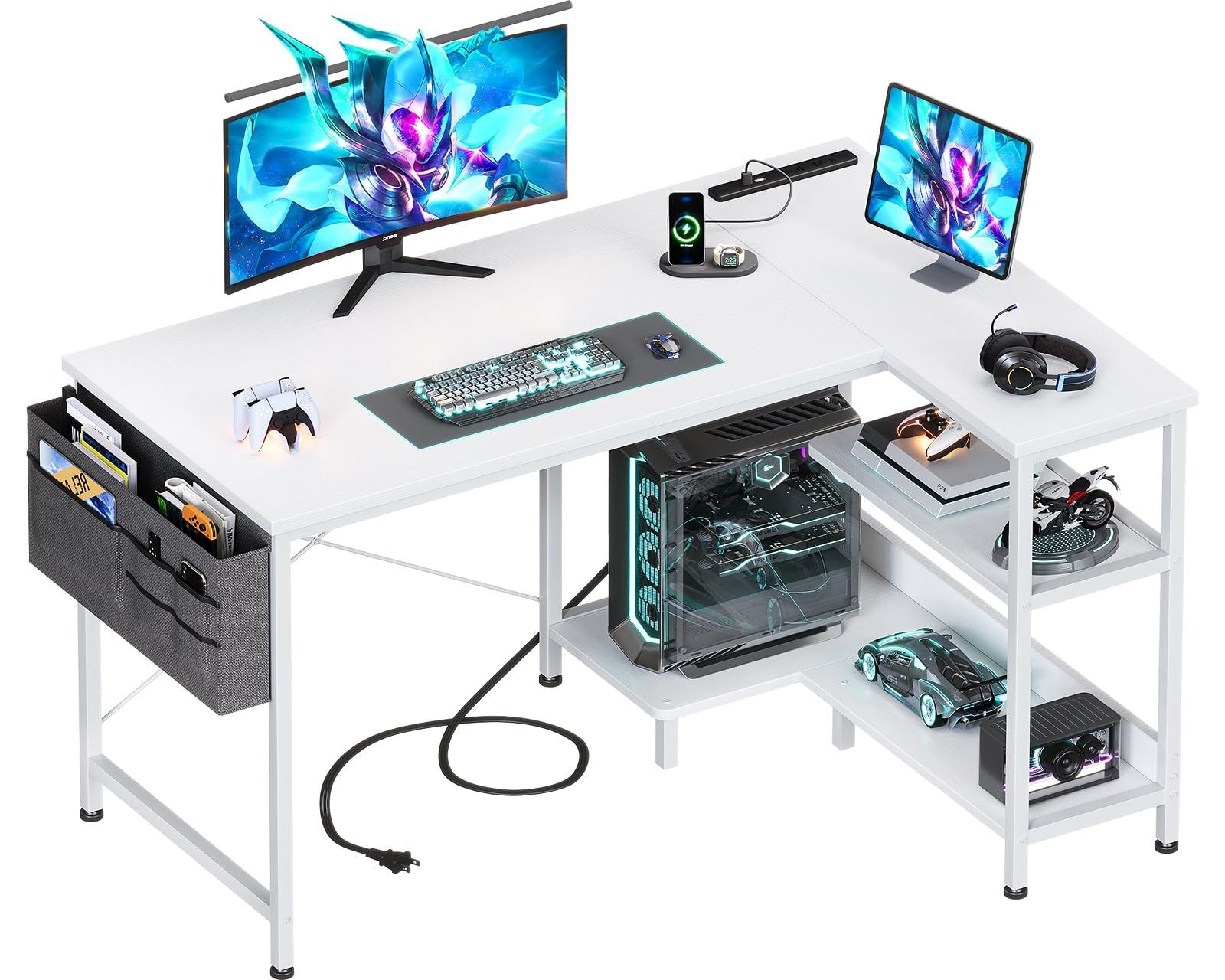 ゲーミングデスク コンセント付き パソコンデスク 袋付き l字デスク 棚付き デスク 机 幅120 pcデスク desk 収納 オフィスデスク 在宅勤務 仕事用 組立簡単 ホワイト
