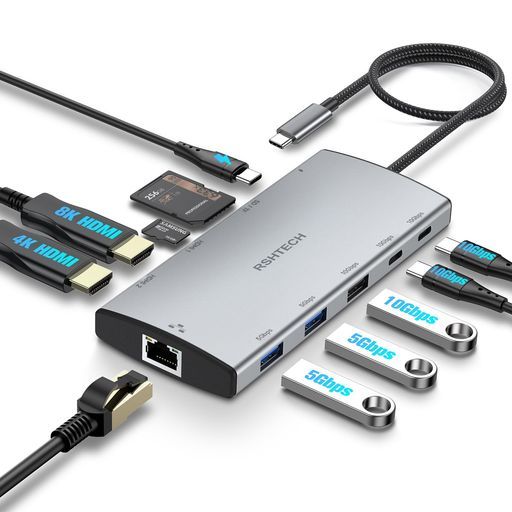 RSHTECH11-in-1USB-CハブドッキングステーションHDMI2つ4K@60Hz単一出力8K@30Hz2画面出力MST機能100WPD急速充電USBA&C3.210Gbpsデータ転送1Gbpsイーサネット